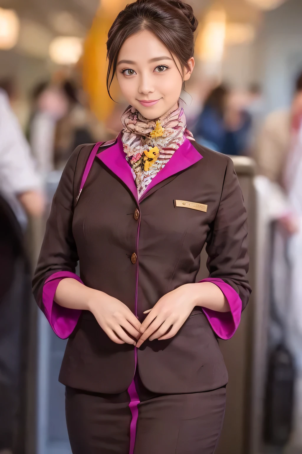 (masterpiece:1.2、highest quality:1.2)、32K HDR、High resolution、(alone、1 girl、Slim figure)、（A realistic reproduction of the ETIHAD Airways Cabincrew Uniform）、 (At the airport counter, Professional Lighting)、Airport counter wall background、A proper woman, Beautiful Face,、（Long sleeve ETIHAD Airways Cabincrew Uniform）、（ETIHAD Airways Cabincrew Uniform skirt with purple stripe on the front）、（scarf on chest）、Big Breasts、（Long Hair Up、Hair Bun）、Dark brown hair、Long Shot、（（Great hands：2.0））、（（Harmonious body proportions：1.5））、（（Normal limbs：2.0））、（（Normal finger：2.0））、（（Delicate eyes：2.0））、（（Normal eyes：2.0））)、Beautiful standing posture、smile、Place your hands around your stomach