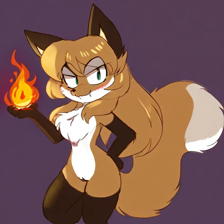 uploaded the e621, beautiful and detailed, woman (((female))) ((anthro)) Fox, (Averi, Fox girl), cinematic lighting, Fox, (anthro, fluffy fur), anthro fox girl, body fur, curvy, sexy, nice, cute, hot, comfortable anime-style cartoon-style, digital drawing, SFW, flat chest, green eyes, nervous smile, sassy, sassy hips, smug, fangs, looking at viewer, simple background, tilted head, leaning sideways, holding fireball in hand, fireball, fire magic, speech bubble, text