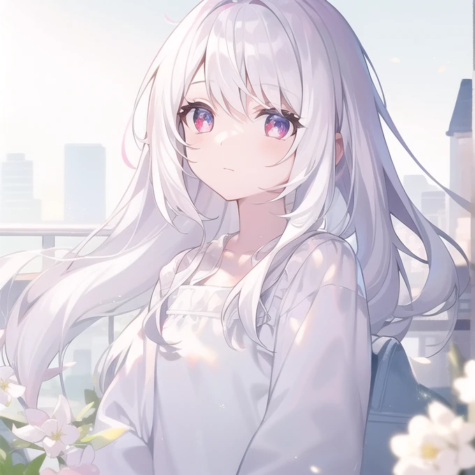 ((masterpiece, best quality))++, Detailed lighting+,  Detailed hair+, Detail hand+ ,1 girl, Miss, Long hair,   Crimson eyes,  beautiful eyes, young white hair,,(Beautiful white hair:1.5),(Beautiful and delicate eyes),  high resolution+,glass tint, Reflective eyes,   {{angle}} , Very detailed wallpaper, The original, ,Sea of Flowers，Air bangs，city road，Double ponytails，Extremely beautiful CG