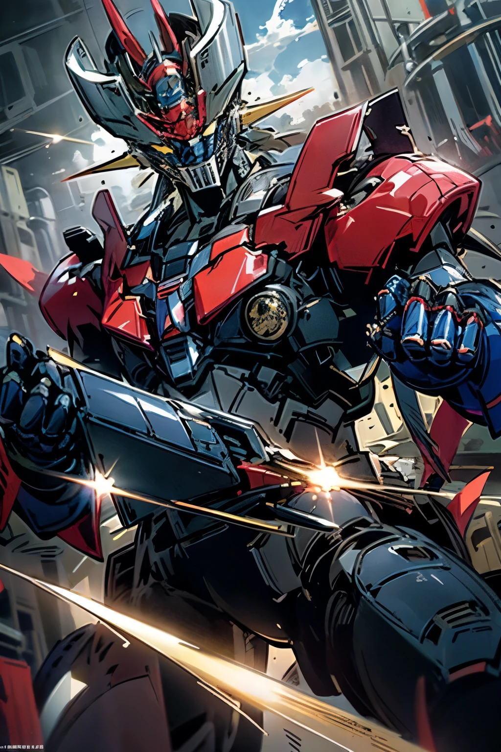 (((highest quality、first-class、masterpiece、8k、Ultra-precision、Normal hand、Normal finger、Highest)))、MazingerZ、The total length is 18m、Weight 20t、Super Alloy Z、A castle of black iron towering into the sky、Super Robot、Rocket Punch、Brest Fire、Jet Sclander、Wing deployment、Photon Power Beam、Jet Pilder、Pilder On、Mazinger、Mazinkaiser、Mazingerゼロ、Roaring Iron Fist、Pump your fist、Rocket Punch発射、Firing Fist、Separate your fist and launch it forward