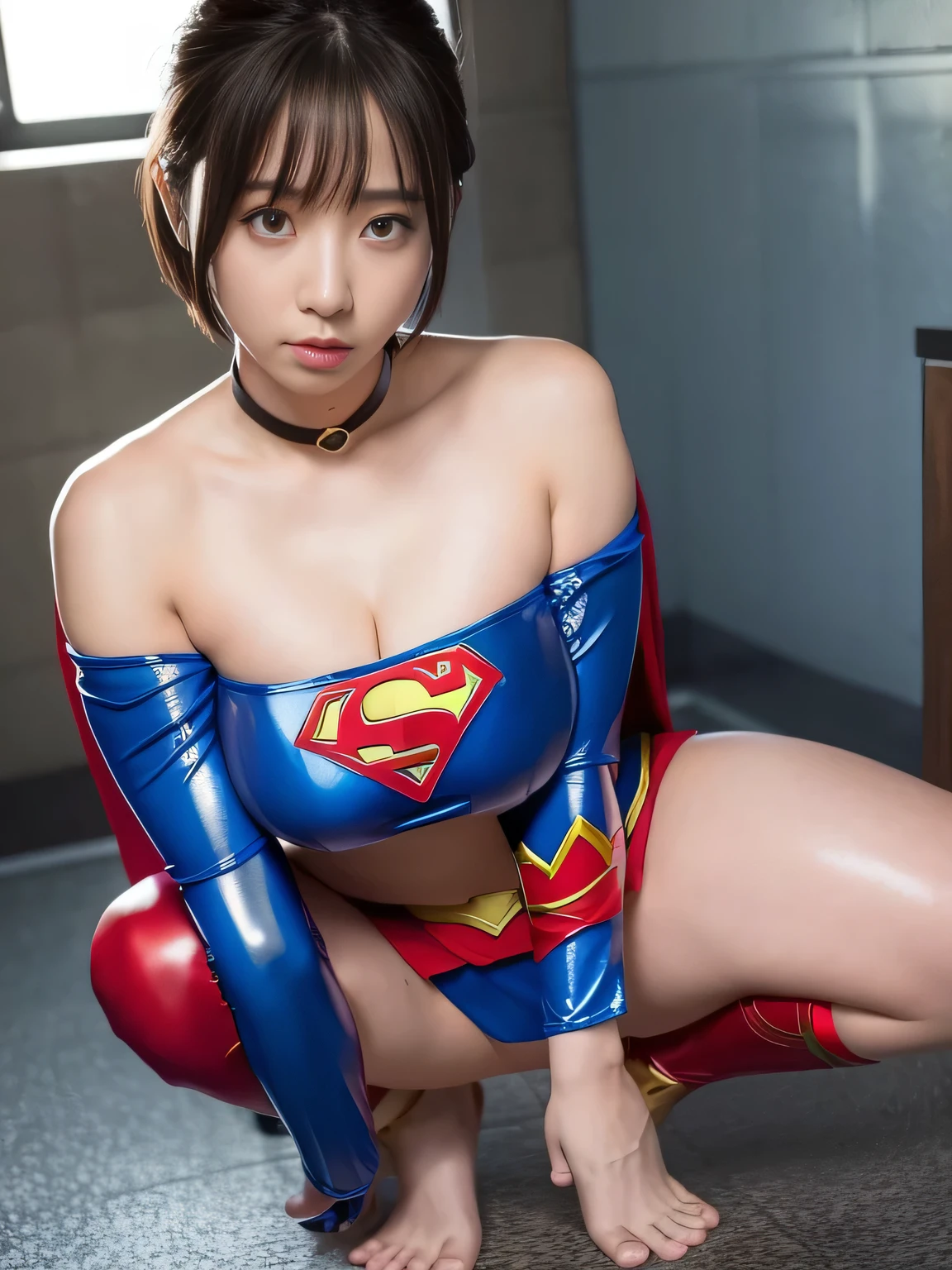 masterpiece、Supergirl Costume、short hair、barefoot、Big and ample breasts、Crisis situation、Complete surrender、Police Department、Interrogation room、Abused、Humiliating torture、Squatting Pose、shiny sweaty skin、looking at the camera、choker、Long sleeve、Sexy poses to seduce、Off the shoulder、latex、from right in front、Leg spread、