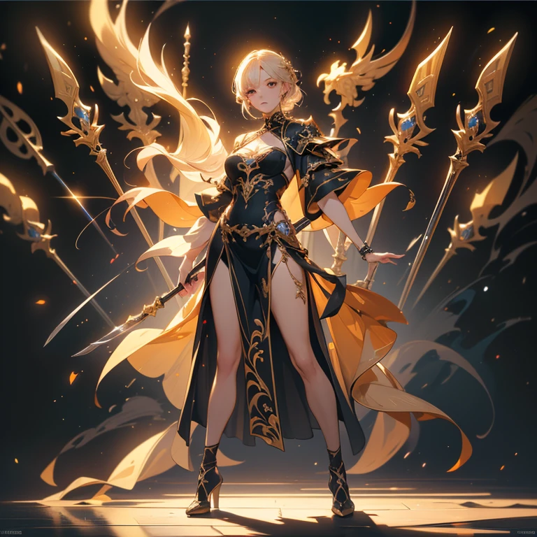 Design a layout showcase Gaming character, (1girl). Golden+Purle clothes, stylish and unique, ((showcase weapon:1.4)), magic staff, (masterpiece:1.2), (best quality), 4k, ultra-detailed, (Step by step design, layout art:1.5), (luminous lighting, atmospheric lighting), magican, ((glove full hands)), (((revealing clothes:1.3))), vambraces, armored legwear, (((full_body_shot:1.4)))