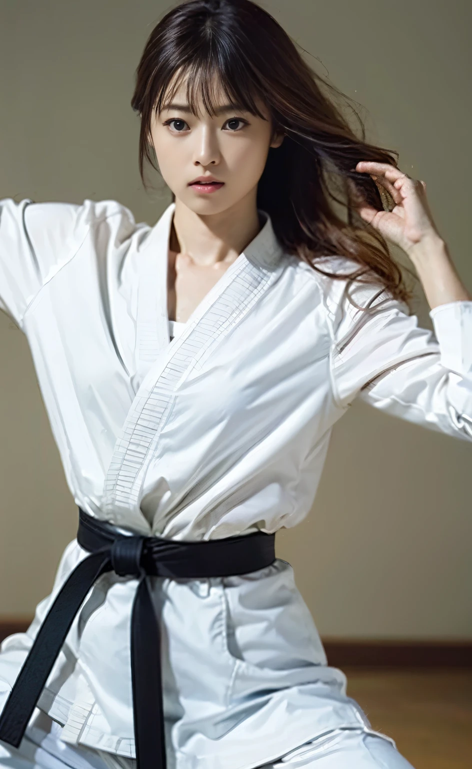 (((Perfect anatomy with perfectly aligned eyes and detailed limbs))),(((Capture the essence of the action and never miss a photo opportunity))),Shiho, a slim, muscular, beautiful karateka, practices in a large wooden dojo.,Frowning, grinding teeth, and a serious look,Fluid movement,Serious Athlete,A fluid and strong body,(((He is properly dressed in a traditional white long-sleeved jacket and long-legged pants karate uniform over a white T-shirt, and wears a faded black belt tied around his middle.))),横から裸足のしほさんを背景をいれて全身撮Shadow,All in one,Mastering martial arts,Japanese extreme vacuum master,accurate kicks and blows,Sweat splashes,strength and discipline,sharp reflexes,controlled breathing,Dojo training,Spirit and technique body,Aiming for perfection,strategic combat,dynamic fighting techniques,Strong stance,rippling muscles,energetic punches and kicks,Focused gaze,Resolute expression,zen-like concentration,Split a wooden board using techniques,active training session,Strict discipline,competitive tournament,White-on-white color scheme,He has mastered the art of karate.,Karate as a way of life,Intense exercise,burst of energy,Fierce determination,Unwavering Heart,battle-tested karateka,crush your opponent with precision,Indomitable,Perfect technique execution,Embodying the essence of karate kata.Focus on the face,Like a movie,texture,Detailed face,Detailed skin,Detailed fingers,Natural Hand 2-3500,Analog Film Photography,Deep Photo,Deep depth of field for beautiful background blur,Ferrania P30 Film,Shadow,Perfect face and body,35mm Photography,(((Beautiful hair neatly braided))),(Fine, light-reflecting particles create cartoon-like airflow),4K Digital SLR Camera,Film Grain,Fujifilm XT3,(Saiharu Body),(Delicate eyes and face),Professional Perspective,Amazing details,Beauty condensed into one girl,Beautiful face with a delicate and high nose,Coke bottle body,A handsome face with a high, straight nose, clear chestnut eyes and glossy lips.,I used a Nikon D5 and set the F value to F1..4 ISO100 Shutter speed 1/500,8K highest quality,Create photos with striking contrast between light and shadow,