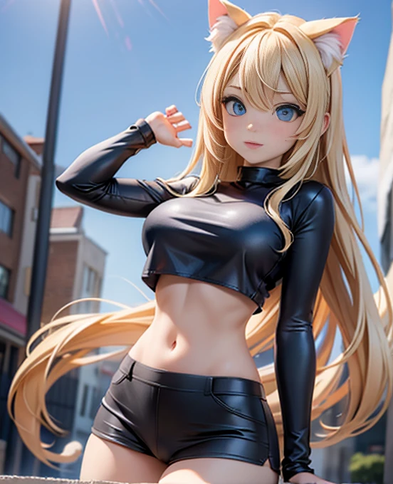 (((1 cat-girl))), solo, (blue eyes), (blonde long hair), ((panties)), ((crop top)), (huge breasts),