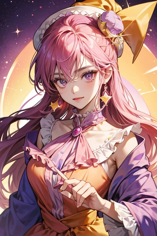 Fortune Teller with peach-colored skin . She wears a magenta and purple hat with dark pink beads and a yellow four-pointed star decorating the top. She also wears a purple suit with a frilly white collar and a yellow brooch. SPARKLE; GLITTER