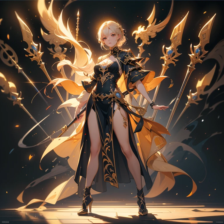 Design a layout showcase Gaming character, (1girl). Golden+Purle clothes, stylish and unique, ((showcase weapon:1.4)), magic staff, (masterpiece:1.2), (best quality), 4k, ultra-detailed, (Step by step design, layout art:1.5), (luminous lighting, atmospheric lighting), magican, ((glove full hands)), (((revealing clothes:1.3))), vambraces, armored legwear, (((full_body_shot:1.4)))

