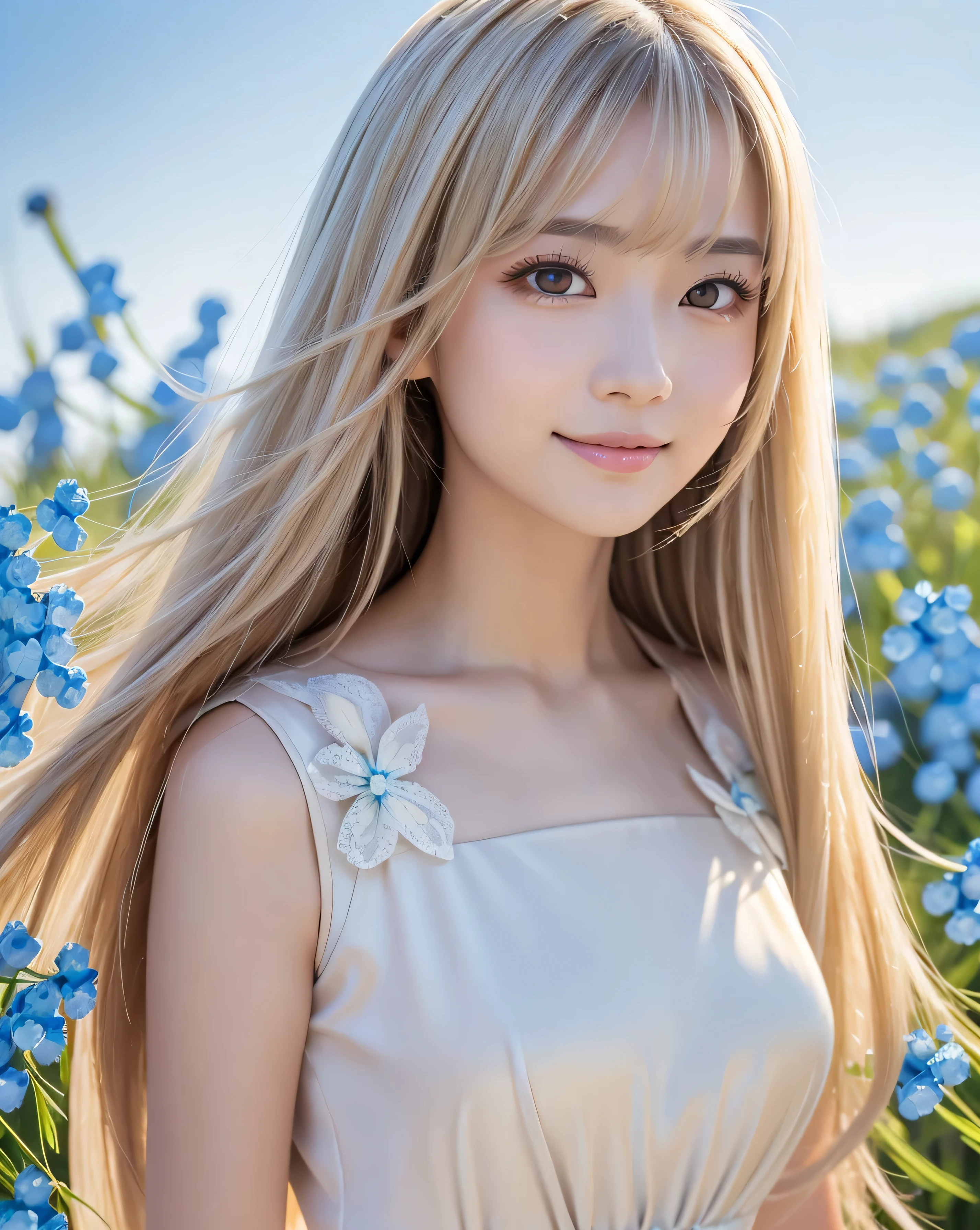 (highest quality, 32k, High resolution, masterpiece:1.5, ), internal_jet, god々Photos with radiant and healing powers., A sense of calm and elusive beauty, Expressing emotions, Have a rich imagination,Beautiful Japanese Girl, Very beautiful face, Small Face Beauty, ((Full shot from the side:1.1)), Perfect Human Anatomy, Magic big eye, Motherhood and generosity, deep love, A fleeting smile, ((Shiny ash beige hair:1.1)), Super Long Straight Silk Hair, Asymmetrical bangs, Hair between the eyes, transparent, Soft white skin, Sharp eyebrows, Thin lashes, Natural Makeup, Cheek Highlighter, Pale pink lips, , ((Simple white dress:1.2)), High resolutionの完璧な鎖骨, High resolutionの美しい胸元, Slim figure and ample breasts, High resolutionの美しい太もも, ((Nemophila field road:1.3)), ((Detailed blue sky background:1.3)), Dazzling Sun, Professional Lighting, Professional Photographer, Professional Model, god秘的