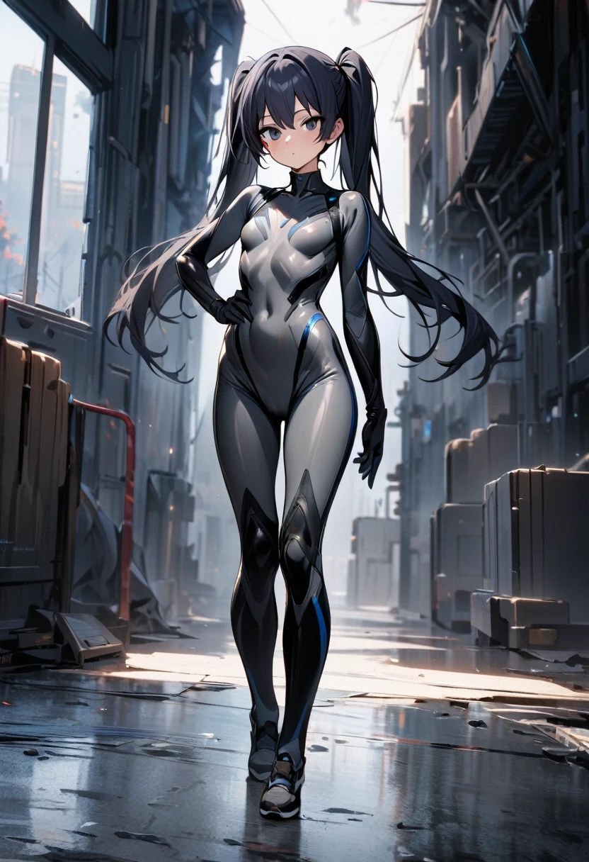 Masterpiece, top quality, ultra-definition, beautiful definition, one girl, solo, 15-year-old female, standing straight, full body, gray body suit, black eyes, deep blue hair, big twintails