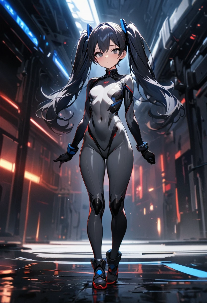 Masterpiece, top quality, ultra-definition, beautiful definition, one girl, solo, 15-year-old female, standing straight, full body, gray body suit, black eyes, deep blue hair, big twintails
