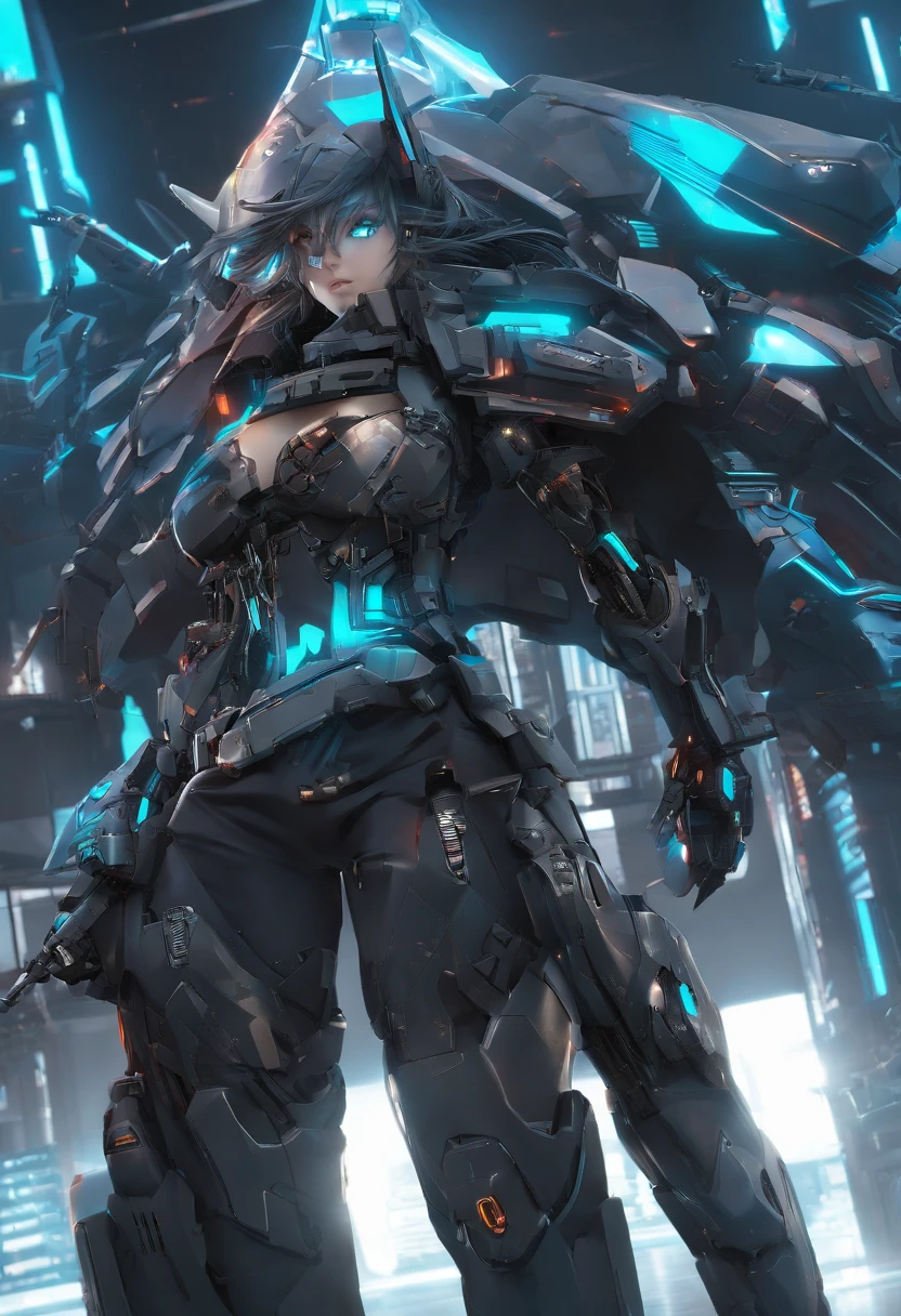 (Bright colors, cinematic feel, increased details, extreme details, sharp focus), steel knife, the blade is long and curved, and the sharp edge is flowing with ice blue light. The bottom of the sword is engraved with runes, the whole body (close-up), (all dark black) armed mecha wolf girl (luxury, bright, noble queen, war girl), beautiful, royal sister, oriental girl, expression (domineering) condescending, mecha wolf Teeth helmet, shawl, 8k, attack action, standing (foot open), damaged (urban),