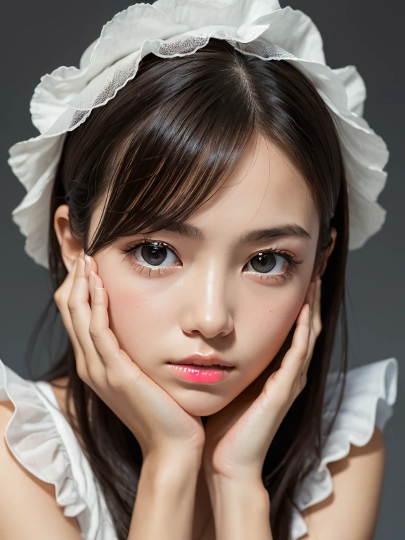 (She wore a cute frilly dress、Close-up portrait of a girl with a slim chest:1.3)、(No background:1.3)、(Anatomically correct:1.3)、(Complete Hand:1.3)、(Full Finger:1.3)、Photorealistic、Raw photo、Tabletop、highest quality、High Resolution、Delicate and beautiful、Perfect Face、Beautiful fine details、Fair skin、Real human skin、pores、((Thin legs))、(Black Hair)、Put your hands on your face