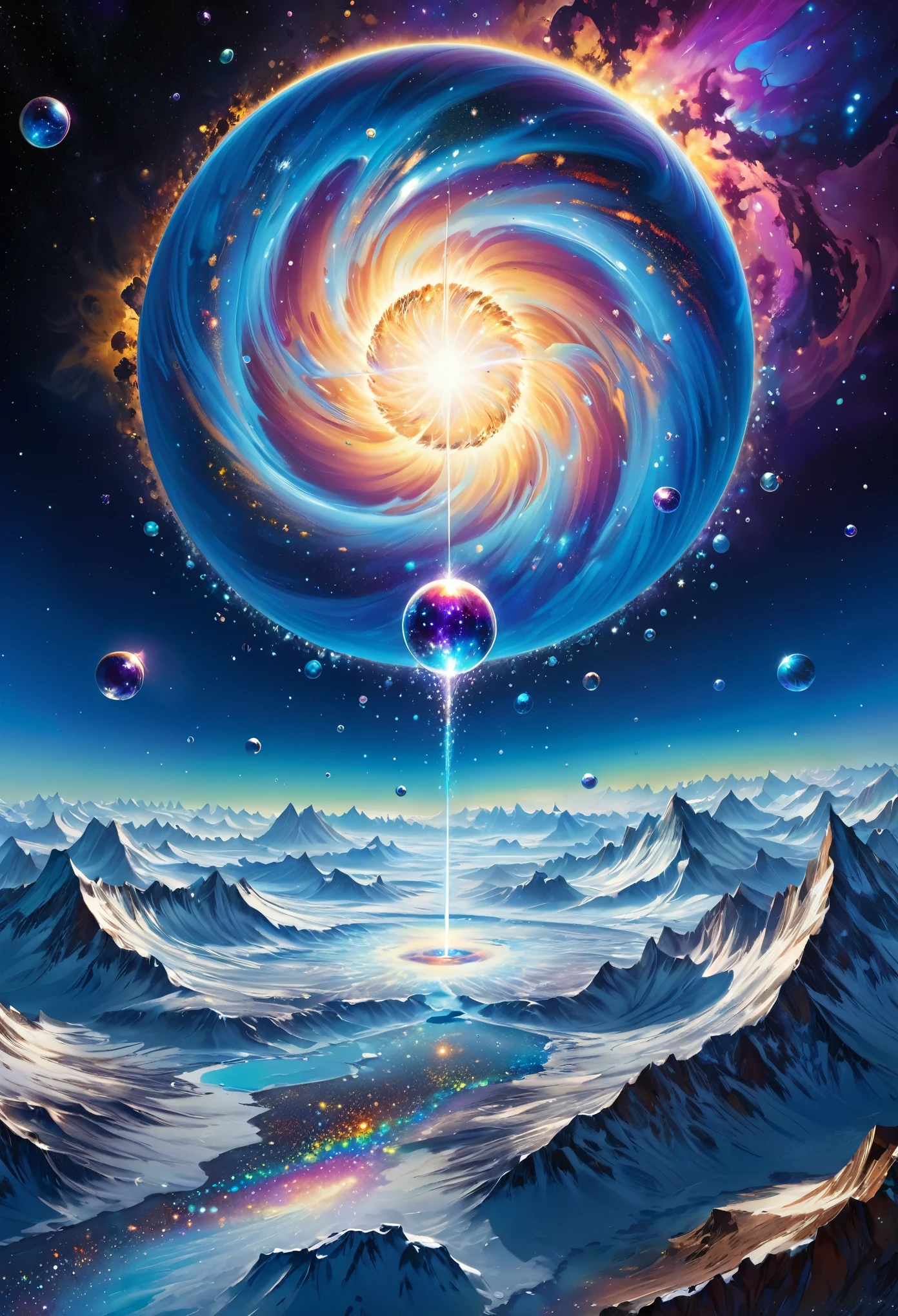 up-and-coming pop artwork, best quality, super fine, 16k, delicate and dynamic, the world of the largest planet in the universe with absolute zero temperature, freezing and swallowing everything, atoms, molecules, suspension, beautiful crystals, big bang, shining iridescent effect, background galaxy, space, far away in the universe, (magnificent view:1.5)