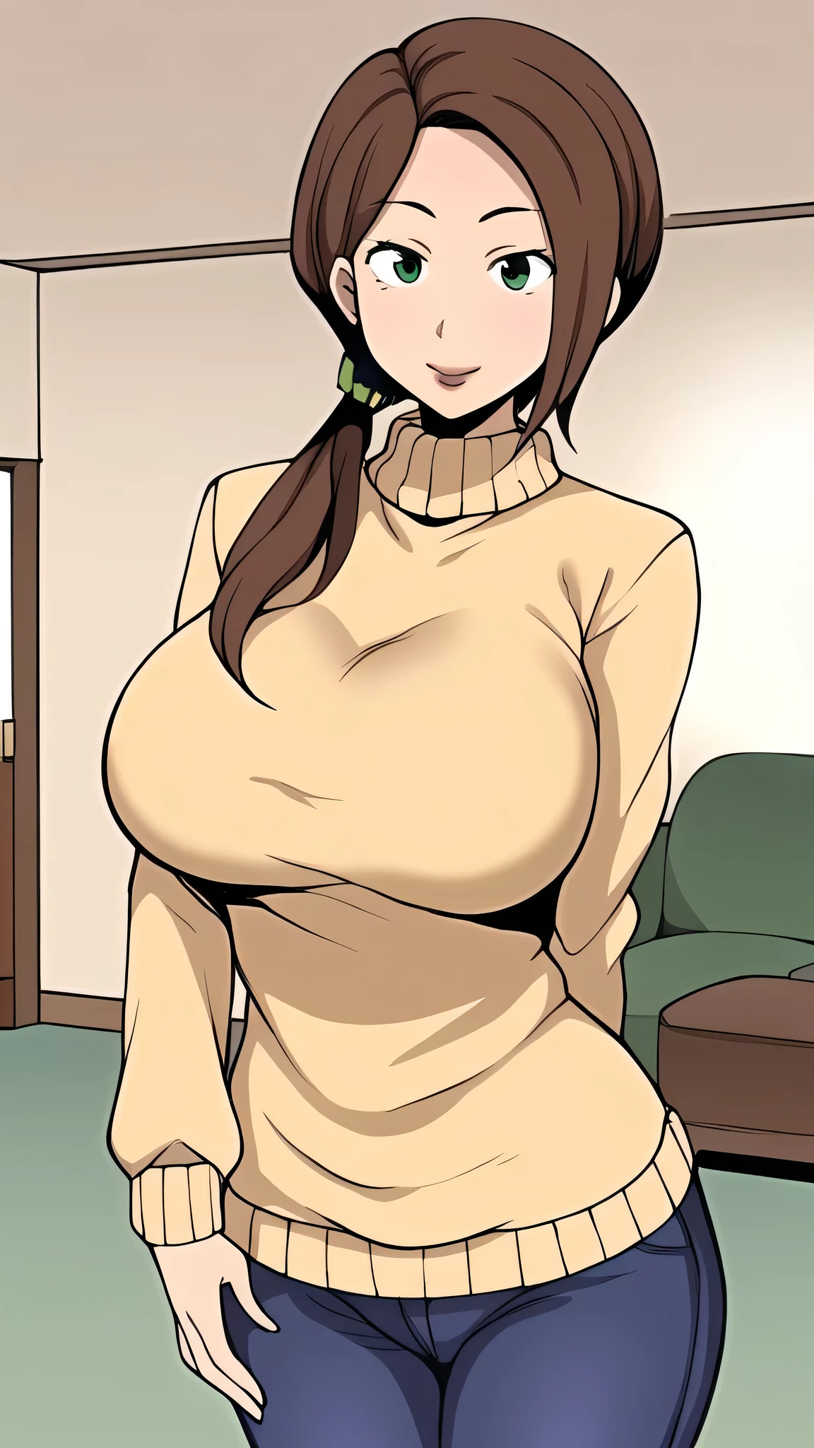 mori_kaede_\(terasu_mc\), brown hair, green eyes, side front ponytail, large breasts, lips, crotch, thighs, yellow sweater, blue jeans, smiling, pov, living room background