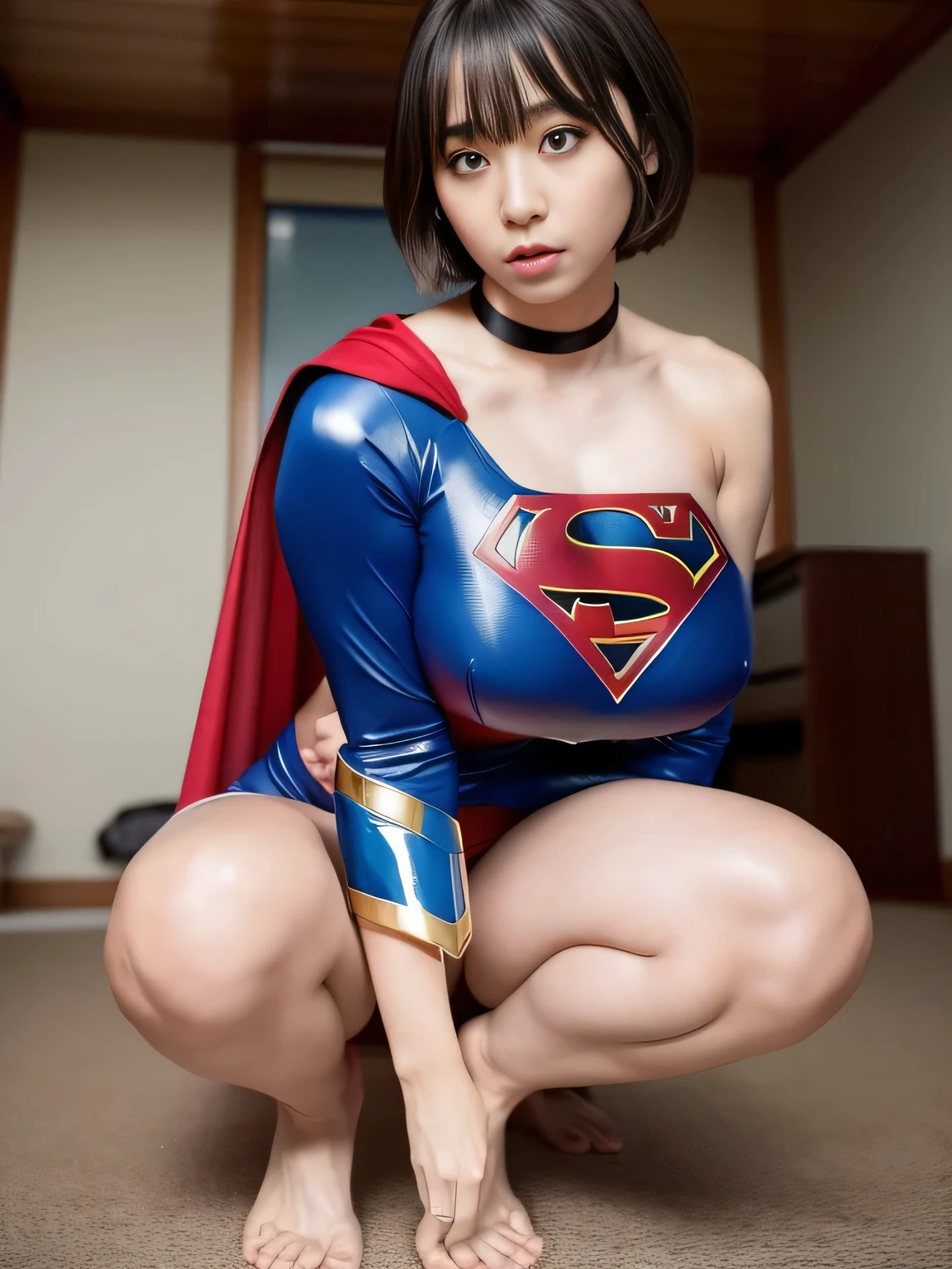 masterpiece、Supergirl Costume、short hair、barefoot、Big and ample breasts、Crisis situation、Complete surrender、Police Department、Interrogation room、Abused、Humiliating torture、Squatting Pose、shiny sweaty skin、looking at the camera、choker、Long sleeve、Sexy poses to seduce、Off the shoulder、latex、from right in front、Leg spread、