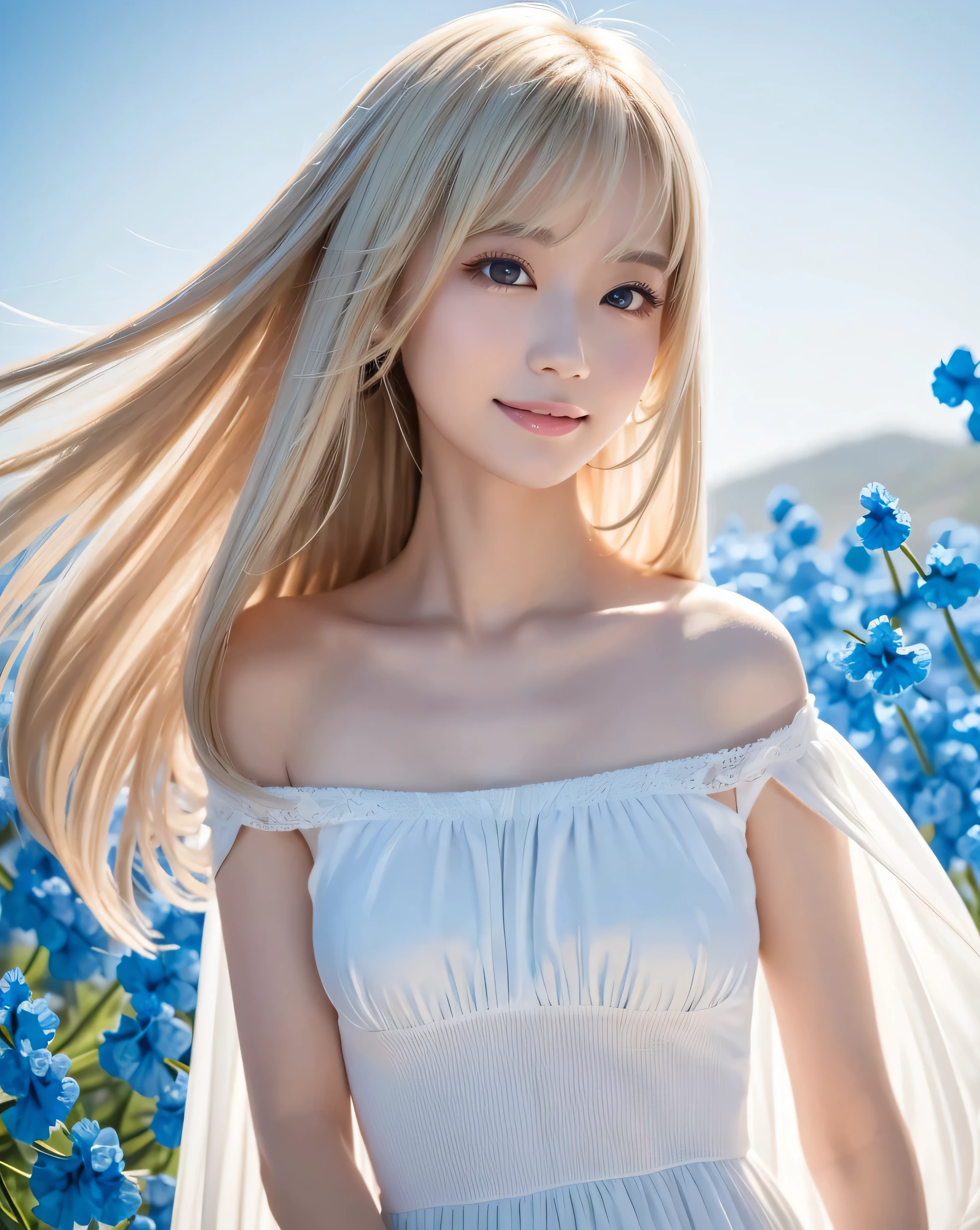 (highest quality, 32k, High resolution, masterpiece:1.5, ), internal_jet, god々Photos with radiant and healing powers., A sense of calm and elusive beauty, Expressing emotions, Have a rich imagination,Beautiful Japanese Girl, Very beautiful face, Small Face Beauty, Perfect Human Anatomy, Magic big eye, Motherhood and generosity, deep love, A fleeting smile, ((Shiny ash blonde hair:1.1)), ((Super Long Straight Silk Hair)), Asymmetrical bangs, Hair between the eyes, transparent, Soft white skin, Sharp eyebrows, Thin lashes, Natural Makeup, Cheek Highlighter, Pale pink lips, , ((Simple white dress:1.2)), High resolutionの完璧な鎖骨, High resolutionの美しい胸元, Slim figure and ample breasts, High resolutionの美しい太もも, ((Nemophila field:1.3)), ((Detailed blue sky background:1.3)), Dazzling Sun, Professional Lighting, Professional Photographer, Professional Model, god秘的