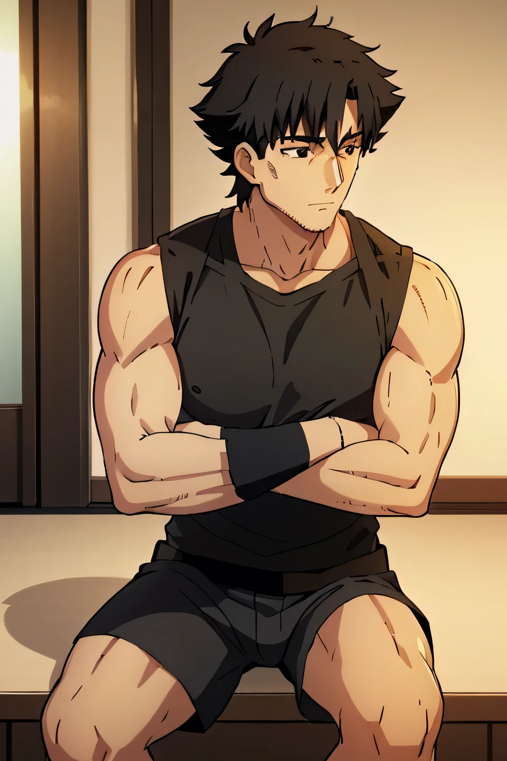 Kiritsugu is sitting and flexing his biceps and abs. He wears black short boxershorts. You can see his thighs. He is admiring his muscles. He has bulging veins on his arms. He wears a black tshirt with short sleeves. His right sleeve is completely rolled up so you can see his entire arm and shoulder. He is showing his abs too.