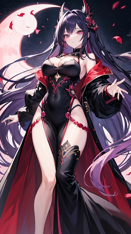 Adult Anime Woman Style, an exquisitely detailed masterpiece with a woman adorned in the likeness of an anime character. She showcases clear-feet and cascading hair of both black and crimson hues, with captivating purple eyes that sparkle like gemstones. A crescent moon symbol graces her left breast, adding an enigmatic allure to her appearance.
Dressed in a dramatic black dress, the upper part of her attire features a long-sleeved coat with bold red accents, while the lower part transforms into a flowing skirt with a captivating tail. In her right hand, she wields a sword with a