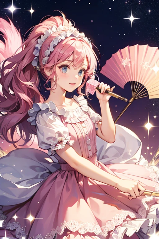 Furifuritchi has a pink body and wears a frilly pink and white dress. Her hair is curly and is adorned with a frilly white headband. She is often seen carrying around a pink fan. SPARKLE; GLITTER
