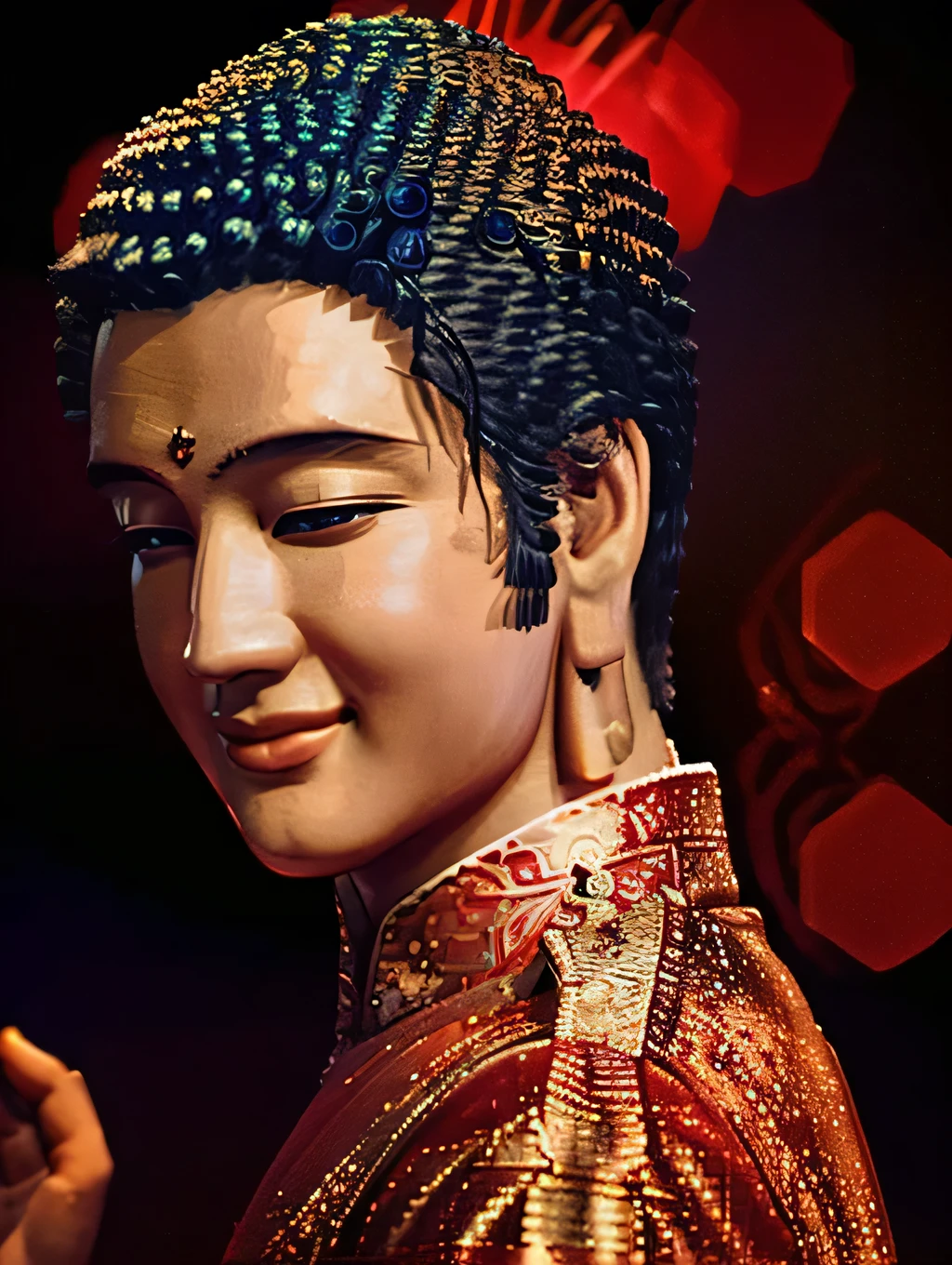 A smiling Buddha wearing an Elvis Presley-style sequined jumpsuit, photorealistic, highly detailed, dramatic lighting, rich colors, intricate patterns, glowing aura, hyper-realistic, cinematic composition, masterpiece