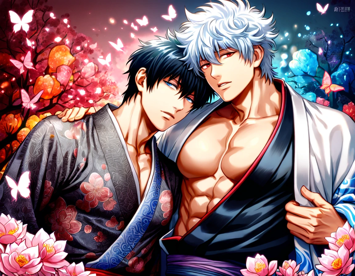 absurdres, highres, ultra detailed, HDR, master piece, best quality, perfect face, Sakata Gintoki, white hair, expressive red eyes, Gintama, Hijikata Toshiro, black hair, expressive dark blue eyes, two sexy men together, gay couple, yaoi, handsome, toned chest, white kimono, black kimono, patterns, magical, fantasy, water, pink flowers, blossoms, pink butterflies