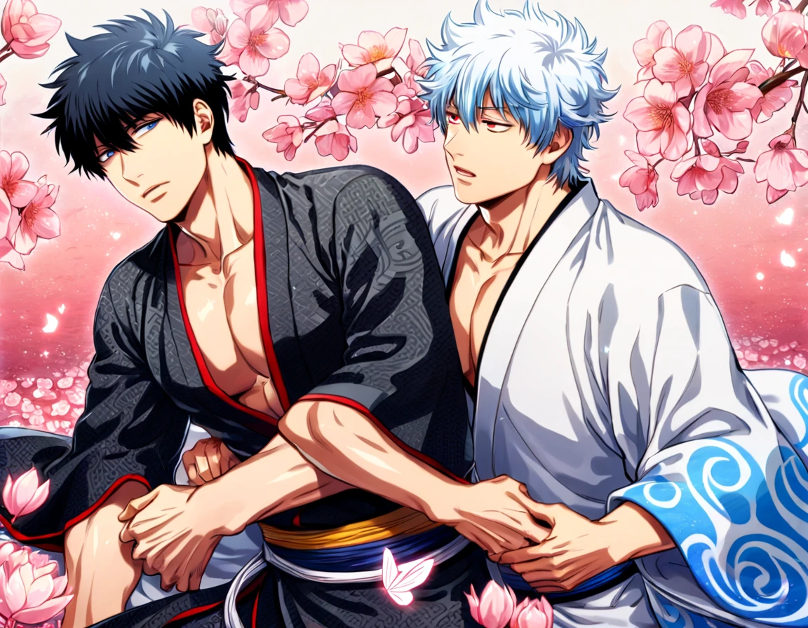 absurdres, highres, ultra detailed, HDR, master piece, best quality, perfect face, Sakata Gintoki, white hair, expressive red eyes, Gintama, Hijikata Toshiro, black hair, expressive dark blue eyes, two sexy men together, gay couple, yaoi, handsome, toned chest, white kimono, black kimono, patterns, magical, fantasy, water, pink flowers, blossoms, pink butterflies