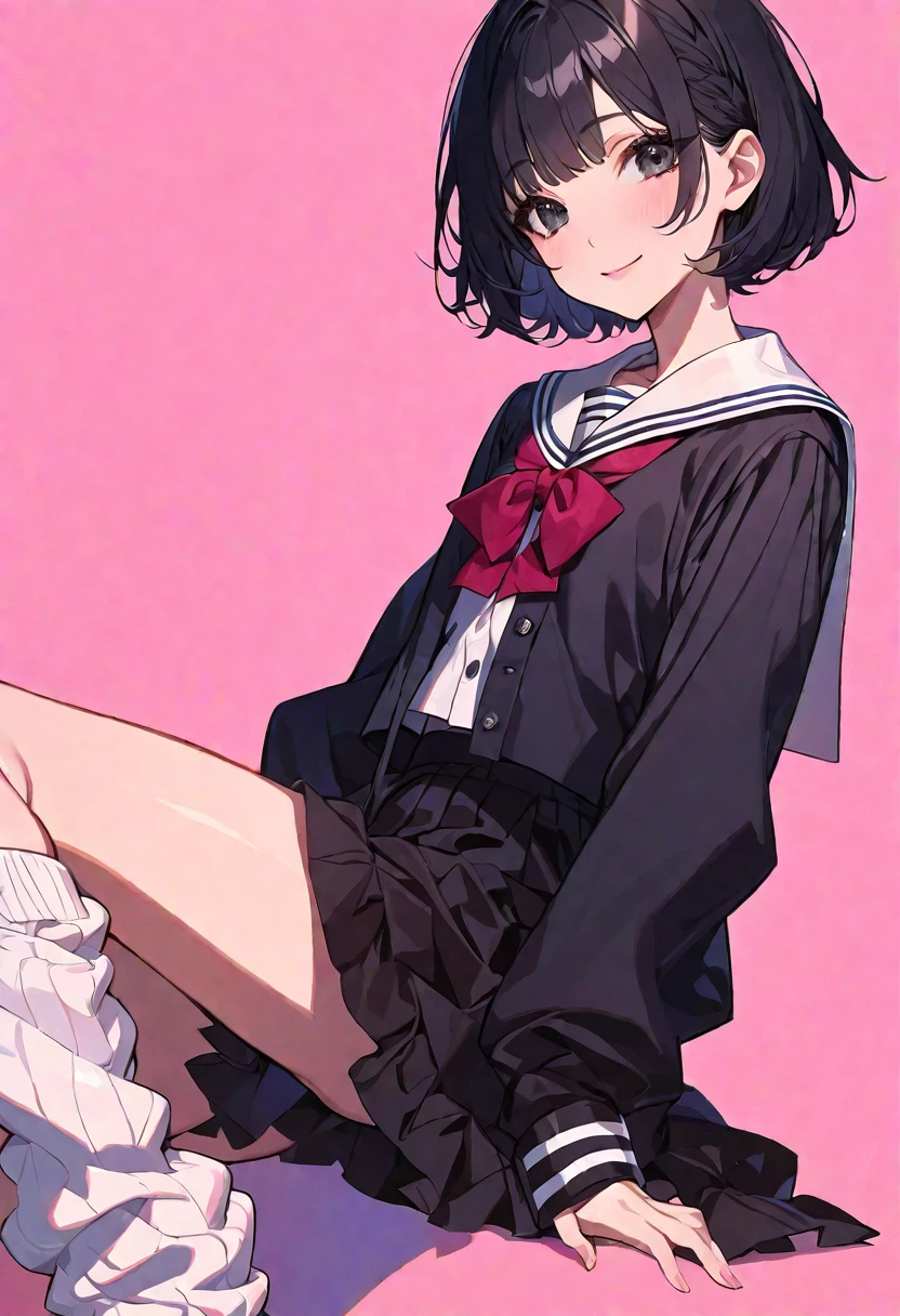 solo, handsome, 1. Female,Straight Short Hair, black hair, black eyes,Soft look,Lolita,high school girl,Sailor suit,loose socks,Best,Unbuttoned,skin,Sexy,smile,pink background