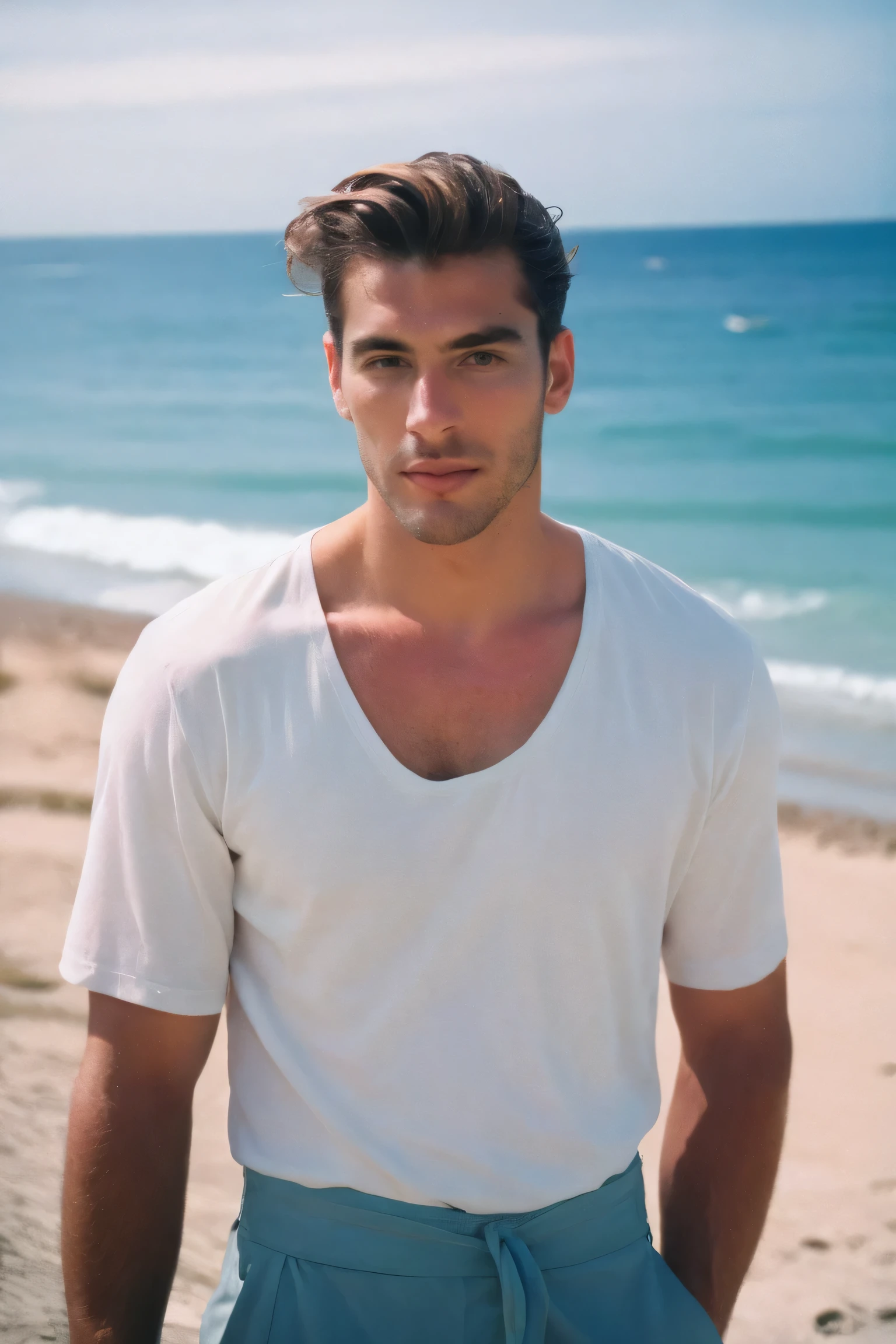 natural light, analog film photo, Kodachrome , Handsome Men , Bun hair , beach ,dress