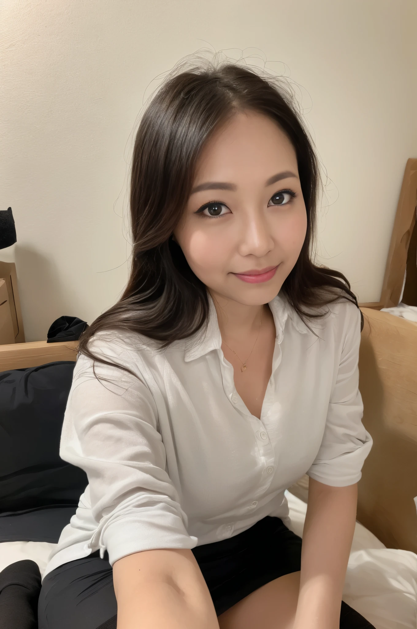 ((masterpiece, Better Quality, hight resolution, Photorealsitic:1.4, Raw photography, high quality image)), ((portrait:1.2)), 1Milf sitting on bedside, (wearing sweaty white short callored shirts, wearing black pencil skirt, black stocking), curvy shape:0.5, very detailed and professional lighting, (cute facial expressions),