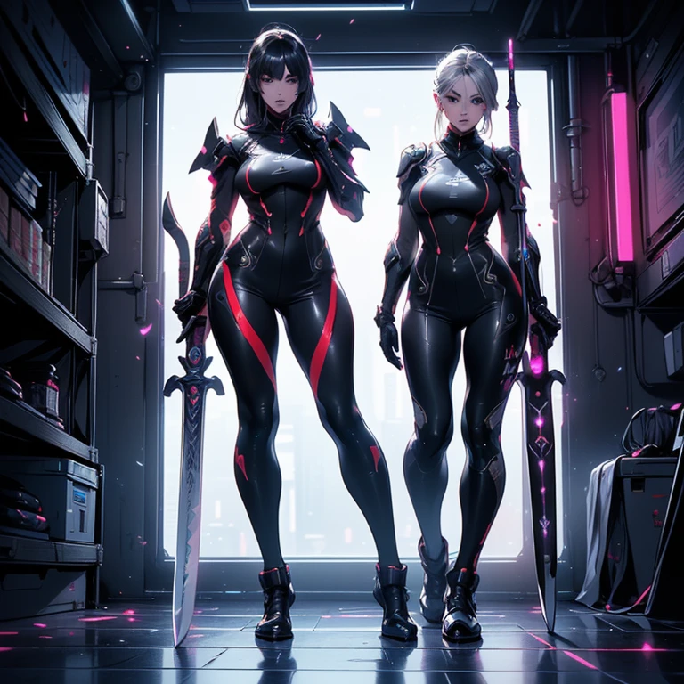 Design a layout showcase Gaming character, (1girl). Black+Silver clothes, sleek and modern, ((showcase weapon:1.4)), laser gun, (masterpiece:1.2), (best quality), 4k, ultra-detailed, (Step by step design, layout art:1.5), (neon lighting, cyber ambiance), cyberpunk, ((tech gloves)), (((revealing jumpsuit:1.3))), tech armor, combat boots, (((full_body_shot:1.4)))