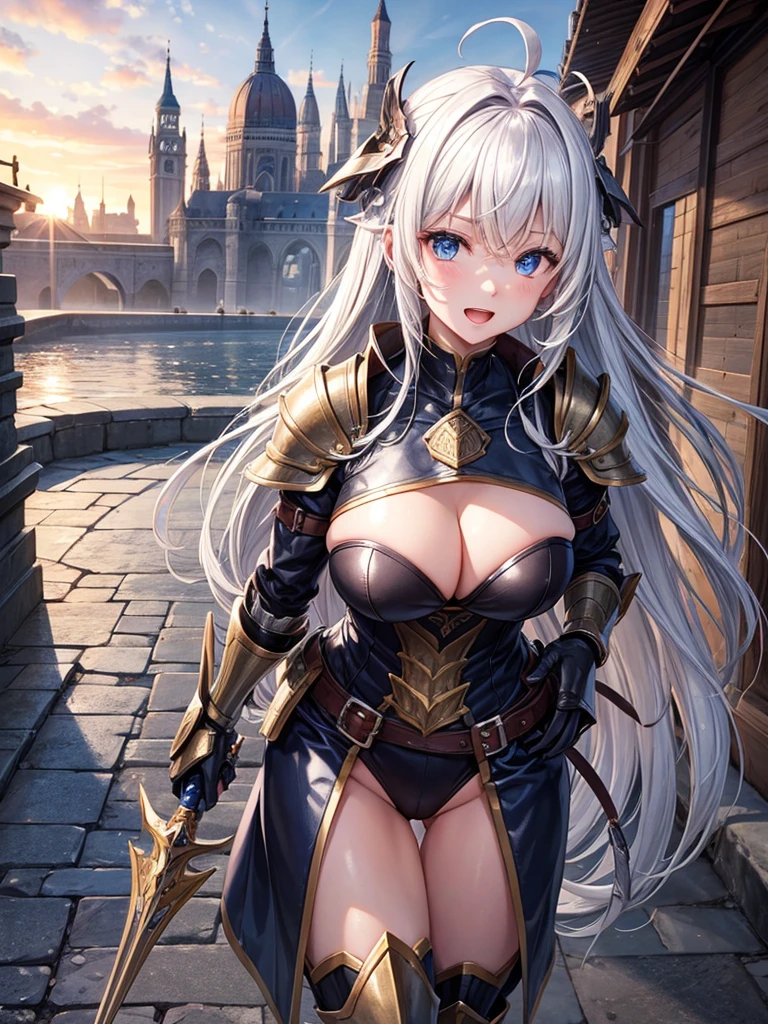 Woman knight、a beauty girl、huge tit、Excellent style、Nice Buddy、glamorous、leotard、s Armor、Shoulder rest armor、Bra chest armor、knee boots、gauntlets、hair adornments、silber hair、Longhaire、Ahoge、is standing、full body seen 、Medieval city、Walking、slightly open mouth、a smile、