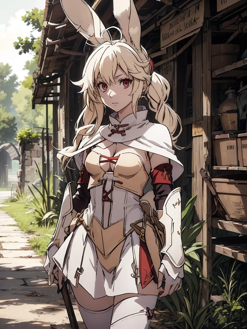 a rabbit girl runnin in the ruins, (rabbit girl)(best quality,high resolution, masterpiece:1.2), female focus, (one girl:1.5), (free hands), beautiful eyes, (white hair:1), detailed eyes, (rabbit ears), (red eyes:1.2), white cloak, curious expression, fleshy lips, hair ornament, leather armor, Clothes made of tanned leather, detached sleeves, wrist guard, white thighhighs, shin guards, perfect quality, good quality, masterpiece, (arms crossed1.2), looking at the viewer, Prepare-se para mergulhar em um mundo onde a beleza e o artesanato se fundem perfeitamente, anatomically correct. ultra nitidez
