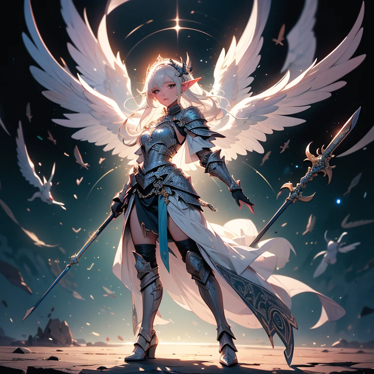 (((masterpiece, best quality, high detailed, 4k))) Design a layout showcase Gaming character, (1girl). Purple|Black clothes, stylish and unique. ((showcase weapon:1.4)), holy majestic spear. (luminous lighting, atmospheric lighting). arcane elf, ((glove full hands)), revealing clothes, vambraces, armored legwear, full body shot. {In a mystical library}. (zentangle, mandala, fractal art:1.3), maxiskirt, dress conservatively, (elf:1.2), solo, full body, wide shot, standing with white boots, holding spear down, blunt bangs, hair between eyes, white hair, golden eyes, long hair, elf ears, Valkyrie white armor, angel, chest protector, side bang, looking at viewer, dynamic pose, art style by Artgerm, by Kawacy, by Wadim Kashin, BREAK, eyelashes, eyeshadow, pink eyeshadow.