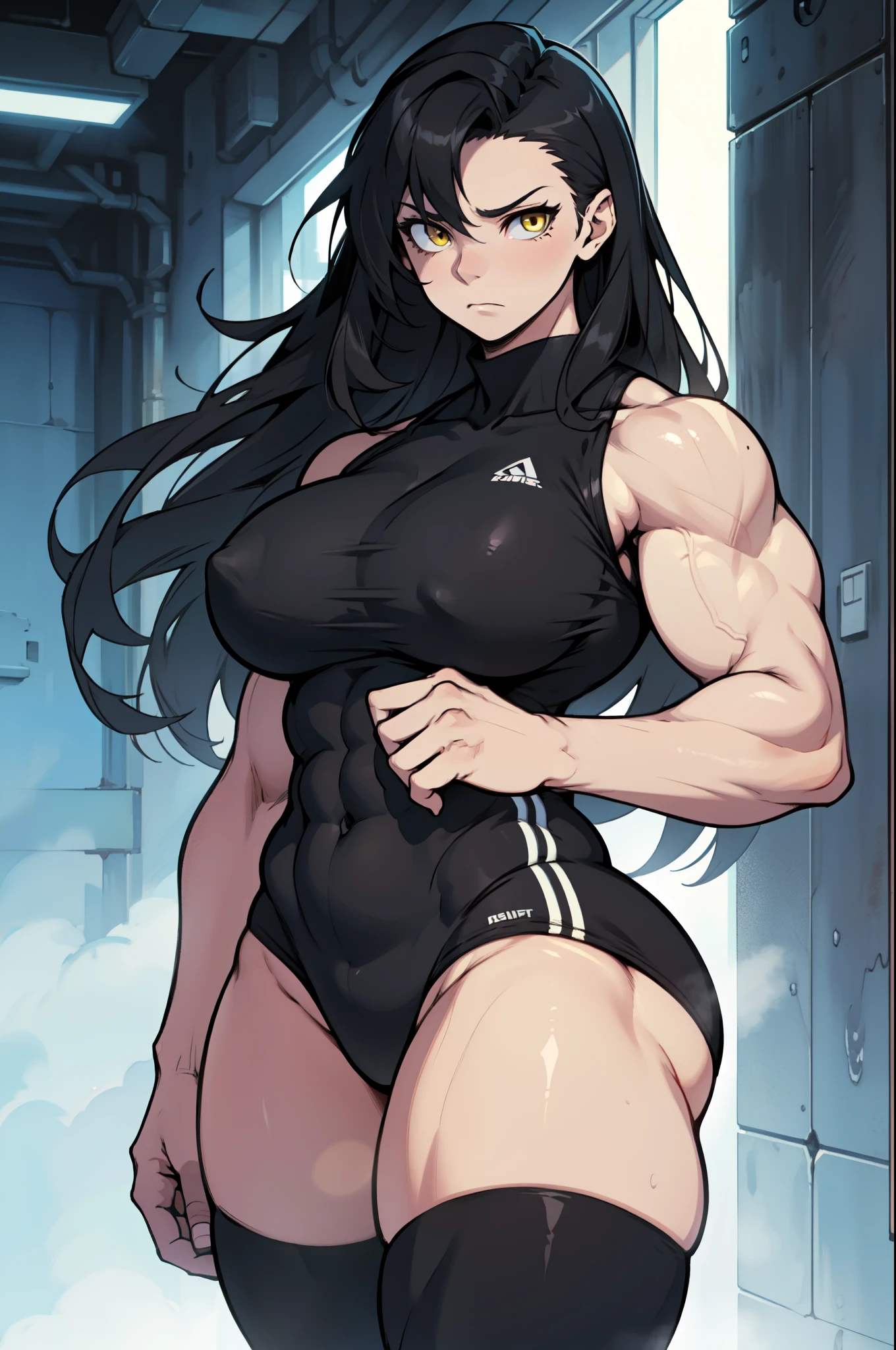 curvy thick wide hips muscular girl toned body bodybuilder huge breasts solo pale skin black hair yellow eyes expressionless sad long hair massive breasts