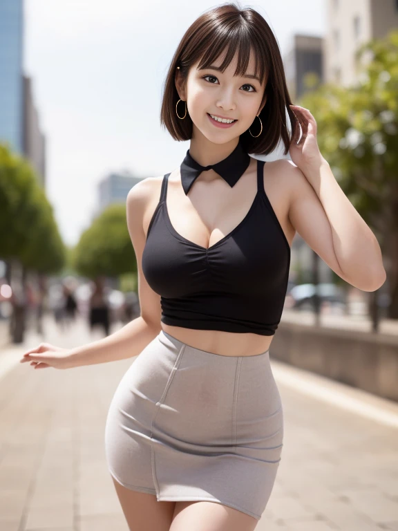 RAW Photos, highest quality, Realistic, Cute Japanese Girl, 女の子1 person, (とてもslim and slender fit muscular body:1.3), ((View Viewer)),(Big smile:1.3), (No people in the background:1.3), Beautiful earrings, Front shot, (Big eyes), (whole bodyショット), Small breasts,（masterpiece）、Healthy thighs、(Narrow waist)、Big Ass、（Beautiful legs）、((Perfectly detailed five-fingered hands)),（Anatomically correct body）、((1 female:1.4))、Japanese、Realistic Skin、（Small chest：1.4）、Bust size is C cup、Pretty woman with perfect figure:1.4,(from the front:1.5), (肌の質感のbeautyを高める:1.1), (Beautiful fine details), (Detailed face),Beautiful realistic face,No makeup、美しいBlack Hair、The best smile、Natural color lip、(Small Mouth:1.2)、(Oval Face)、Even bangs、Hide eyebrows with bangs、((29-year-old woman))、Bob Hair、Hair blowing in the wind, (Black Hair, Iris, Watery eyes, Shining Eyes, Bob cut hair, Small earrings,), Hair behind the ear、No makeup、(Drooping eyes)、Drooping eye corners、女の子1 person,whole body、(((1 personの素敵な女性)),((優しいBig smile)),(( Small breasts,Small breastsの谷間)),((((Plump Cheeks)))),((whole body：1.５))、(Narrow waist、Slender Body)、 Hair blowing in the wind,C-cup breasts with firmness、Even bangs:1.4、whole bodyショット、,(((Beautiful woman boasting toned hips and muscular buttocks))),((( Shapely big ass))),(A toned waist is best:1.4),Sleeveless、Open chest、すらっと伸びたthin脚、Long legs、platform、Sandals、clear、thin、slim、thinウエスト、beauty、Looking into the camera、Walking around the city、Cute Smile、Summer sunshine、Accentuate your breasts,(((Attractive woman wearing a white collared shirt and tight skirt in the city,1 person、A young and cute gravure idol,A young and slender gravure idol, Young Sensual Gravure Idol,:1.3))),,Dress shirt,