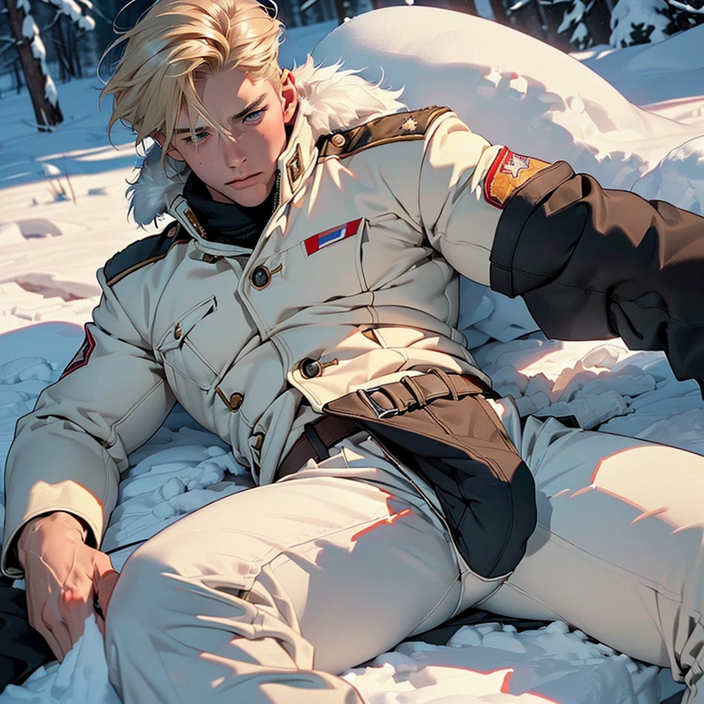 (((A young adult very manly blond russian male soldier laying in a snow wearing russian winter soldier coat uniform and taking slow breaths and moaning as he touches his cock through his pants))), NSFW, erection, ((male masturbation)), sensual, ((in a snowy environment setting)), moaning, ((taking slow breaths as masturbates)), ((a very erotic angle)), ((anatomically well drawn pose with all limbs)), ((he looks very erotic)), ((proportionate muscular legs spread as he is laying down)), (((his pants are halfway pulled down))), ((huge throbbing bulge )),