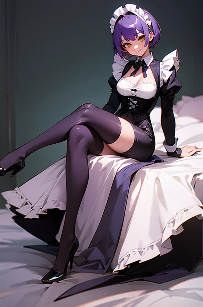 1girl, purple hair, yellow eyes, short hair, medium breasts, good proportions, victorian maid, full body, bed, happy smile, uncrossed legs, full body, black thigh highs