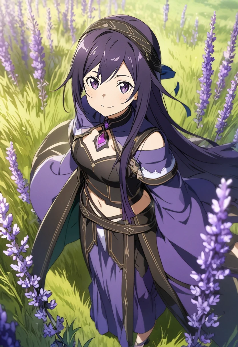 Yuuki \(Sword Art Online\), (long dark lavender hair), (dark lavender eyes):1.2, Songstress costume, bangs, smiling confidently, ((ultra-detailed)), ((illustration)), ((neat hair)), (beautiful detailed eyes), female, 1girl, standing, (meadow, grassland)), looking at viewer