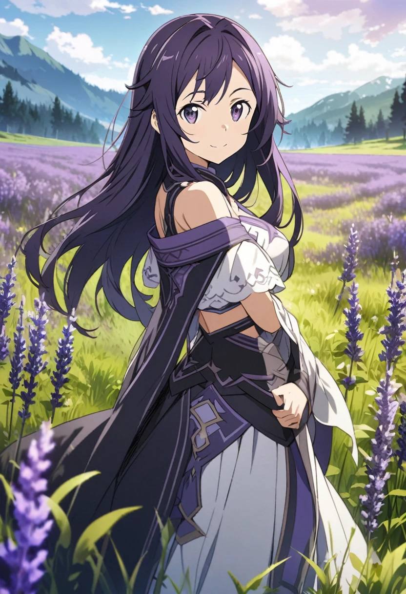 Yuuki \(Sword Art Online\), (long dark lavender hair), (dark lavender eyes):1.2, Songstress costume, bangs, smiling confidently, ((ultra-detailed)), ((illustration)), ((neat hair)), (beautiful detailed eyes), female, 1girl, standing, (meadow, grassland)), looking at viewer