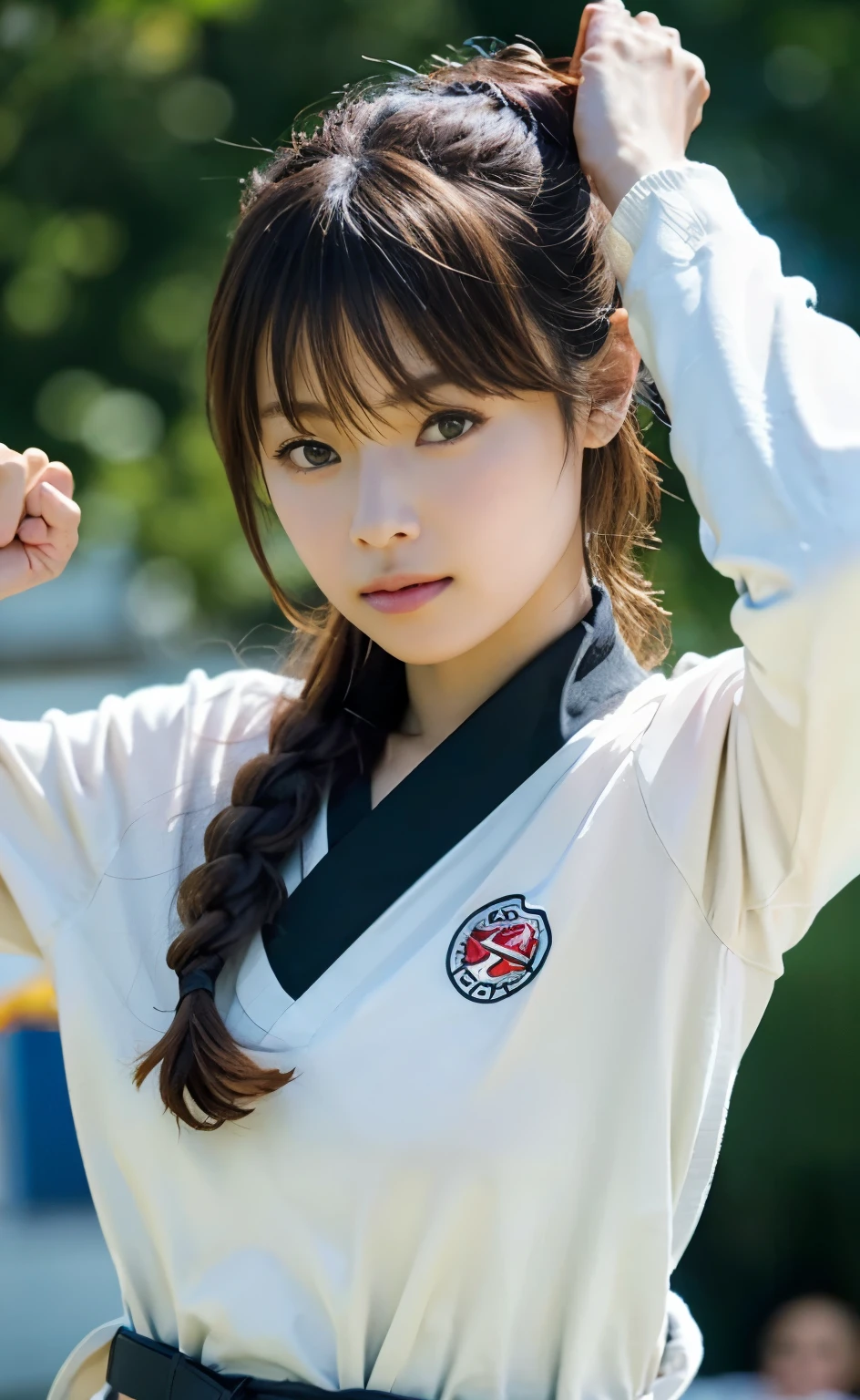 (((Perfect anatomy with perfectly aligned eyes and detailed limbs))),(((Capture the essence of the action and never miss a photo opportunity))),Shiho, a slim, muscular, beautiful karateka, practices in a large wooden dojo.,Frowning, grinding teeth, and a serious look,A flowing movement with a low stance and hips,Serious Athlete,A fluid and strong body,(((He was wearing a traditional white long-sleeved jacket and long-legged pants over a white T-shirt, and a faded black belt tied around his middle.))),A sharp and well-balanced kick,トップビューから裸足のしほさんを背景をいれて全身撮Shadow,All in one,Mastering martial arts,Japanese extreme vacuum master,accurate kicks and blows,Sweat splashes,strength and discipline,sharp reflexes,controlled breathing,Dojo training,Spirit and technique body,Aiming for perfection,strategic combat,dynamic fighting techniques,Strong stance,rippling muscles,((energetic punches and kicks)),Focused gaze,Resolute expression,zen-like concentration,Split a wooden board using techniques,active training session,Strict discipline,competitive tournament,White-on-white color scheme,He has mastered the art of karate.,Karate as a way of life,Intense exercise,burst of energy,Fierce determination,Unwavering Heart,battle-tested karateka,crush your opponent with precision,Indomitable,Perfect technique execution,Embodying the essence of karate kata.Focus on the face,Like a movie,texture,Detailed face,Detailed skin,Detailed fingers,Natural Hand 2-3500,Analog Film Photography,Deep Photo,Deep depth of field for beautiful background blur,Ferrania P30 Film,Shadow,Perfect face and body,35mm Photography,(((Beautiful hair neatly braided))),(Fine, light-reflecting particles create cartoon-like airflow),4K Digital SLR Camera,Film Grain,Fujifilm XT3,(Saiharu Body),(Delicate eyes and face),Professional Perspective,Amazing details,Beauty condensed into one girl,Beautiful face with a delicate and high nose,Coke bottle body,A handsome face with a high, straight nose, clear chestnut eyes and glossy lips.,I used a Nikon D5 and set the F value to F1..4 ISO100 Shutter speed 1/500,8K highest quality,Create photos with striking contrast between light and shadow,