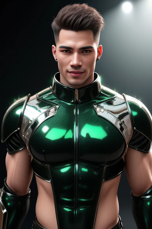  3d HDR  photorealistic ultra realism high definition aesthetic stabilized diffusion picture of handsome hunky Warrior Pluto , green , black onyx transparent sparkling shiny crystal glass chrome outfit armor,,look at camera, detailed facial parts,, studio as background, Freestyle Pose, Happy Expression, perfect anatomy, symmetric body,, 18 years old,  :: high detail, a lean athletic body, realistic, human skin, extremely detailed fingers,  chad chin,, masculine, human skin, (eyes contact), gorgeous, Attractiveness