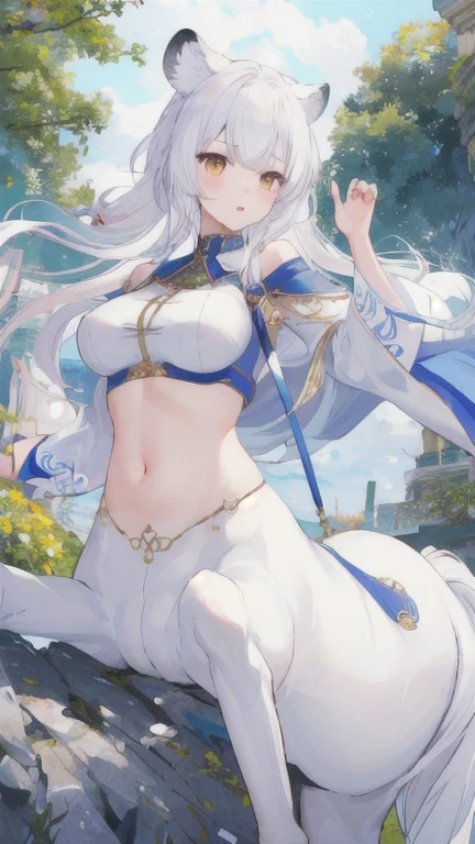 (best quality, masterpiece), 1 girl, centaur, It takes, White skin, navel, 아름다운 소녀 perfect white tiger photo, perfect white tiger photo