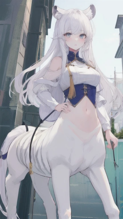 (best quality, masterpiece), 1 girl, centaur, It takes, White skin, navel, 아름다운 소녀 perfect white tiger photo, perfect white tiger photo