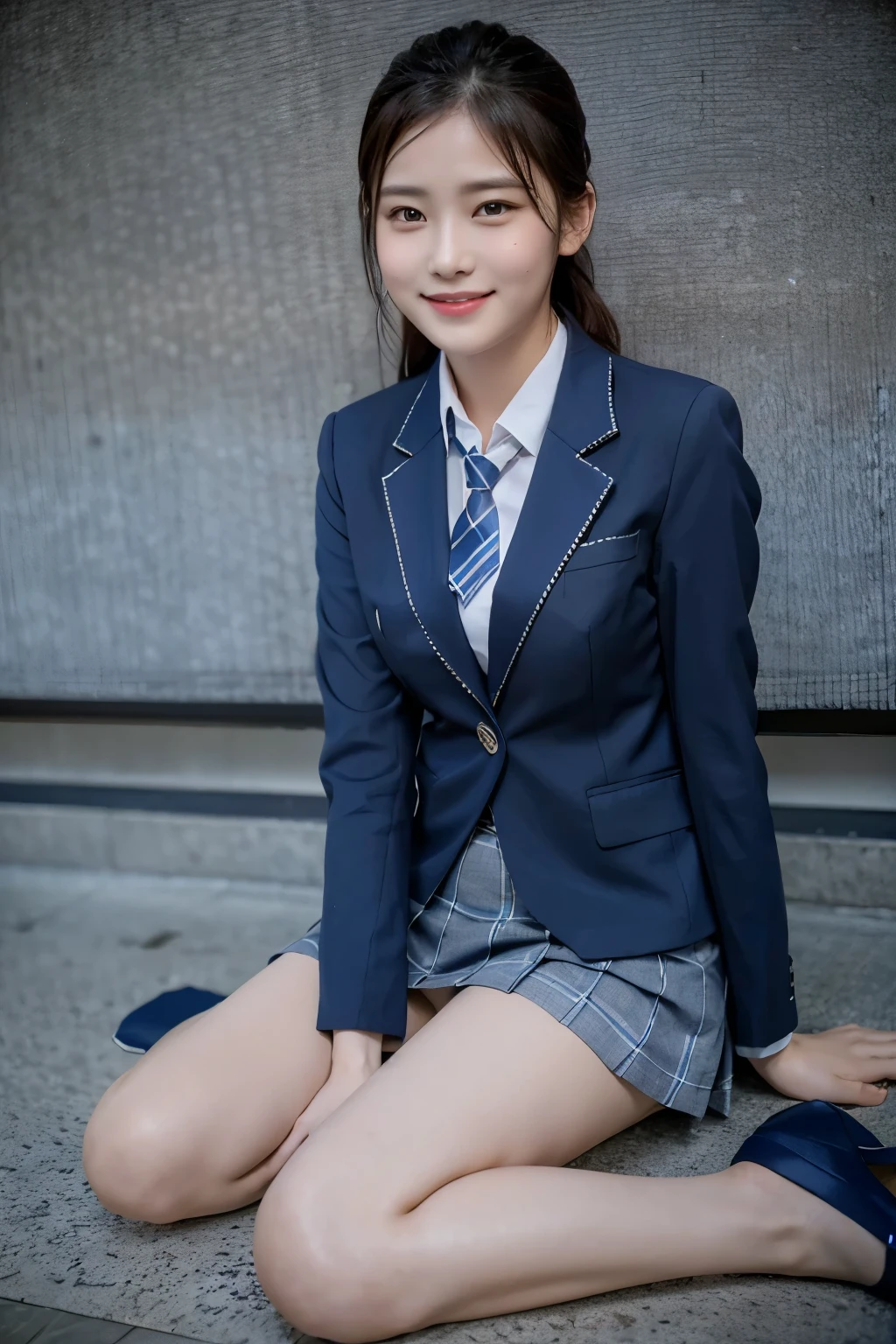 (8k), (highest quality: 1.2), (Realistic), (Realistic: 1.37), Ultra-high resolution, (1 girl), cute, blush,Embarrassed smile, Beautiful details, Beautiful Nose, Wet Hair, Giant Dulcefo, pork, Thighs,Self Snap,University Uniforms,(A simple navy blue blazer:1.4),(Pleated skirt:1.2),(The skirt and tie are gray tartan check pattern.:1.3),(Sitting:1), Sit on the ground,(Hold my feet:1),(Shiny legs:1.2),from the front,knees