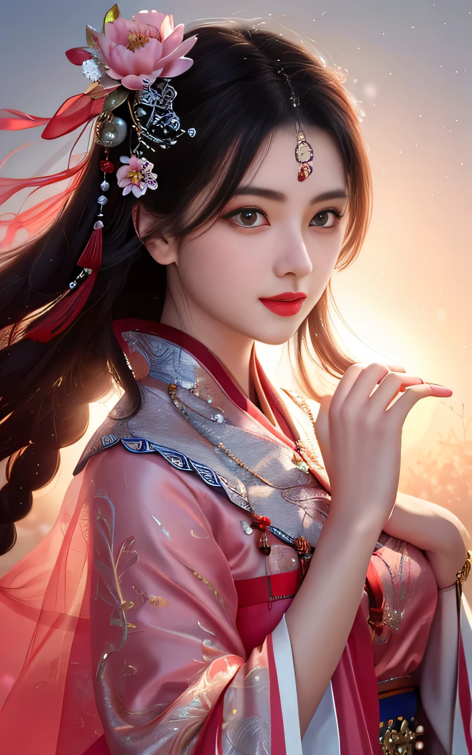 tmasterpiece,Above the knee,1 rapariga, Mature woman, China-style, Ancient China, Sister, Twist braids, curlies, Double ball head、Pale pink lips、Steady、intelligence、red - eyed、nipple tassels、Silver、bead、peony flower、robe、cloaks、Silk skirt、embroidery、Delicate face、facial closeups、Hand on the back,Light-colored clothes,beautiful  face,realisticlying,edge lit,twotonelighting,(highdetailskin:1.2),8k uhd,Slr,softlighting,high qulity,Volumetriclighting,photore,A high resolution,4k,8k,Background bokeh