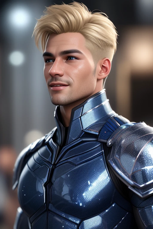3d HDR photorealistic ultra realism high definition aesthetic stabilized diffusion picture of handsome hunky Warrior Uranus , blonde hair , indigo quartz transparent sparkling shiny crystal glass chrome outfit armor,,look at camera, detailed facial parts,, studio as background, Freestyle Pose, Happy Expression, perfect anatomy, symmetric body,, 18 years old, :: high detail, a lean athletic body, realistic, human skin, extremely detailed fingers, chad chin,, masculine, human skin, (eyes contact), gorgeous, Attractiveness