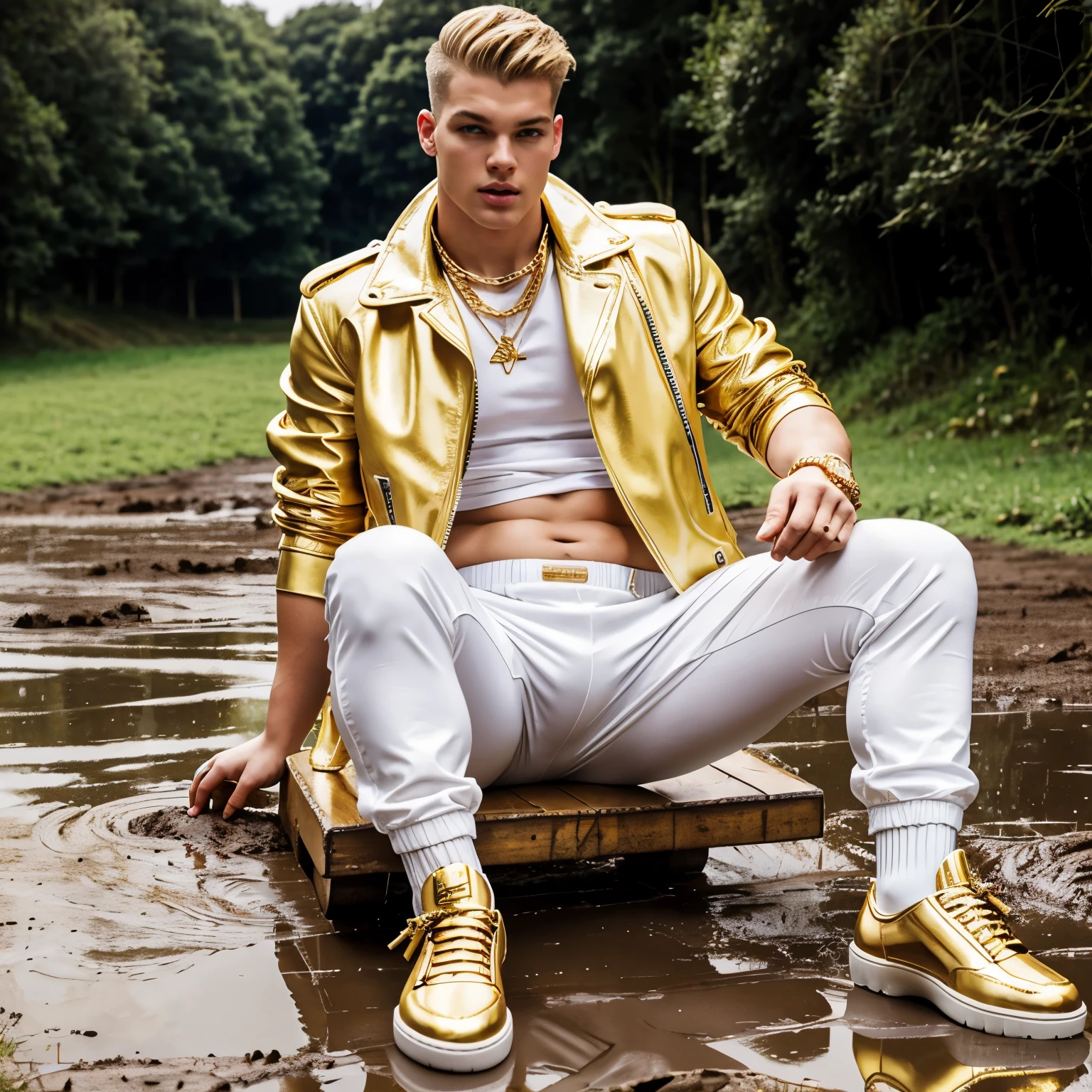 full view, one young chubby light blond rich fat (ex-) white male model Aaron Frew, big belly, with highly stylished undercut haircut, wearing white fashionable Prada chunky loafers in alligator, white high long socks, white shorts in aligator leather, biker jacket in alligator leather, dozens of golden rings, golden chains, golden necklaces, diamond watch, crawling rolled into muddy ground, all filthy, muddy, crying, countryside