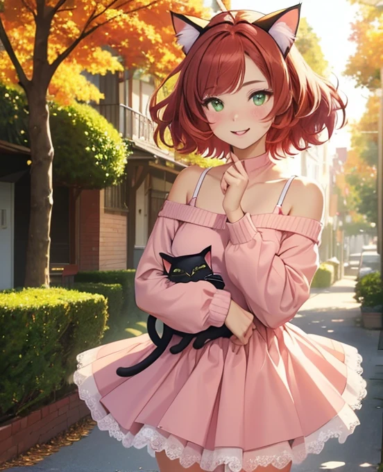 (((1 cat-girl))), ((cat ears)) solo, (((short light red hair tousled by the wind))), green eyes, pink off-shoulder sweater with long sleeves and kawaii  skirt, spaghetti straps, shorts, lace, look at the viewer, luxurious, elegant, extremely detailed, pink lips, shy smile, feminine charm, blushing, beautiful sky, park, autumn trees, garden, butterfly, beautiful flowers, depth of field