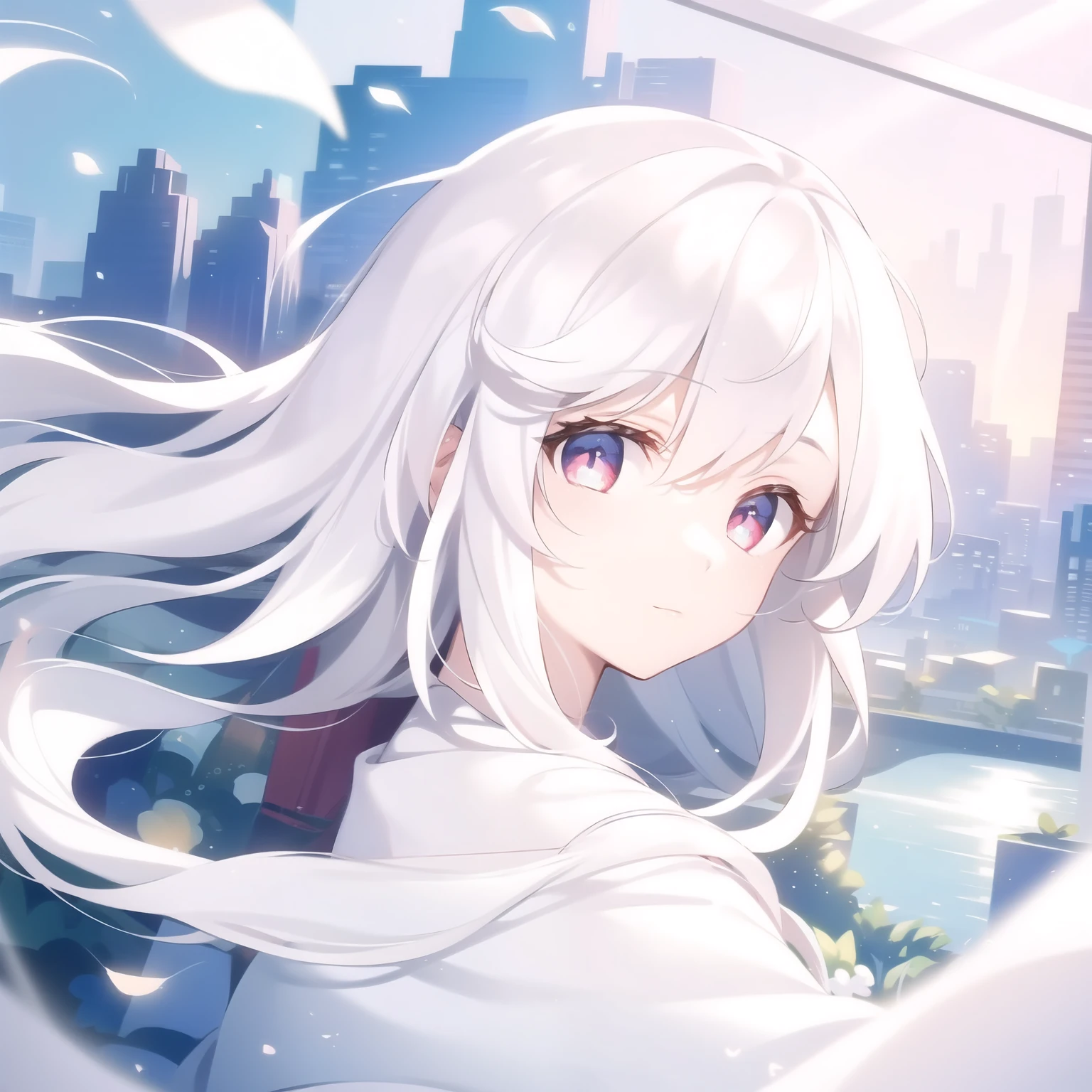 ((masterpiece, best quality))++, Detailed lighting+, Detailed hair+, Detail hand+ ,1 girl, Miss, Long hair, Crimson eyes, beautiful eyes, young white hair,,(Beautiful white hair:1.5),(Beautiful and delicate eyes), high resolution+,glass tint, Reflective eyes, {{angle}} , Very detailed wallpaper, The original, ,Sea of Flowers,Air bangs,city road,Double ponytails
