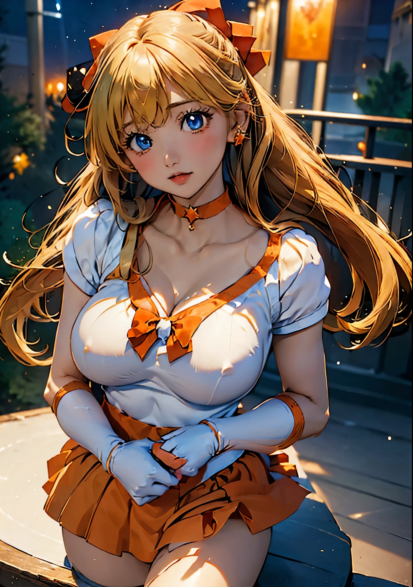 Sailor Warrior Uniform, Sailor Venus, aino minako, (((masterpiece))), (((High resolution)))、(((8K quality)))、(((Perfect Face)))、Looking into the camera, ((Top quality eyes)), (Detailed face), (Detailed Texture), ((Big Breasts:1.5)),Dutch Angle, Angle from below, alone, Blonde Hair, Magical girl, blue eyes, Orange Skirt, Elbow hand pockets, tiara, Pleated skirt, Hair Ribbon, ((Orange sailor collar:1.3)), mini skirt, choker, Red Bow, orange choker, White gloves, Very long hair, jewelry, Earrings, (Night view:1.3)), ((Star of the sky:1.3)), Venus, Fantasy, ((Showing panties:1.3))