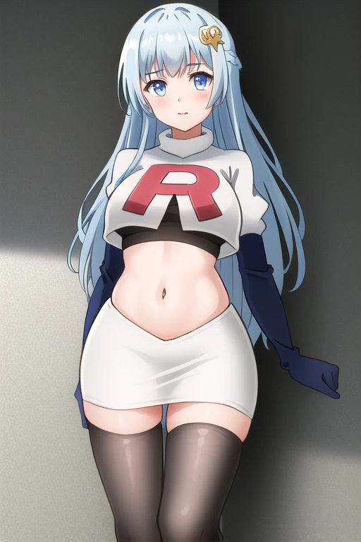 (extremely detailed CG unity 4k wallpaper),(masterpiece),(best quality),(ultra-detailed),(best illustration),(best shadow),(absurdres),(detailed background) Miku Izayoi, 1girl, long hair, solo, breasts, hair ornament, looking at viewer, blue hair, blue eyes, very long hair, bangs, blush, team rocket,team rocket uniform,white skirt,red letter R,crop top,black thigh-highs,black elbow gloves